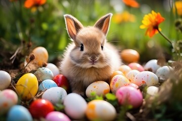 Fototapeta na wymiar Cute Easter bunny with decorated eggs and spring flowers on a green spring landscape.by Generative AI