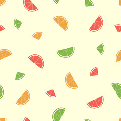 Seamless pattern cartoon oranges grapefruit, lime fruit, vector illustration of citrus slices. Background, wallpaper of juicy bright fruits.