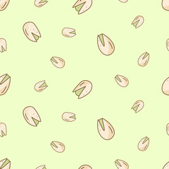 Seamless pattern pistachios icon cartoon doodle. Vector illustration background of snacks salted nuts in a shell.