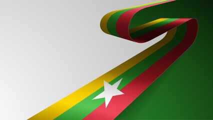 Realistic ribbon background with flag of Myanmar.