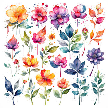 Colorful Watercolor Flowers & Leaves Illustrations