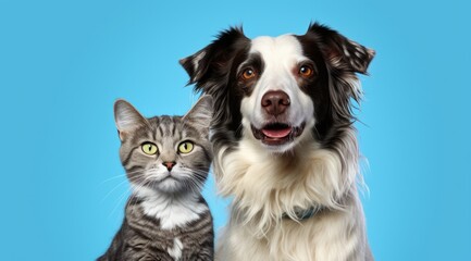 Portrait of a dog and cat on a blue background