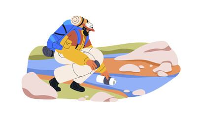 Hiker backpacker with bottle taking clean water to drink from clear stream, river in nature. Camper travel, survival. Tourist hiking. Flat graphic vector illustration isolated on white background