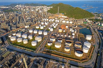 Aerial view oil terminal storage tank.