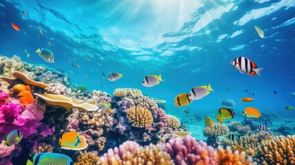 Dive underwater with colorful tropical fish in the coral reef sea.