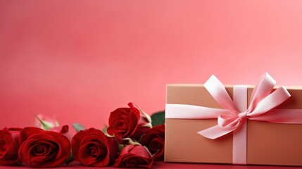 Gift box and beautiful roses on red background with space for text Valentine's Day celebration