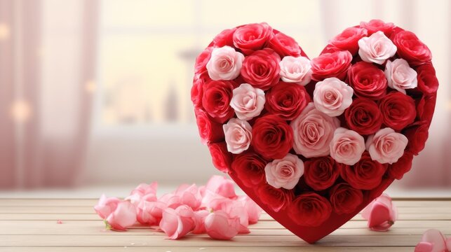 photograph of Heart shaped rose bouquet and valentine heart background