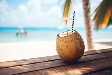 Fresh coconut coctail on the beach in beautiful lagoon - obrazy, fototapety, plakaty