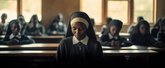 Black African missionary nun, teaching children in poor third world country.