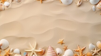 Obraz premium Top view of seashells and starfish Tropical display on the sand Use empty frames for text.
