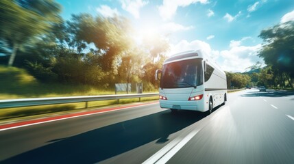 White tourist bus on the highway Drive very fast. Tourist and travel concept travel