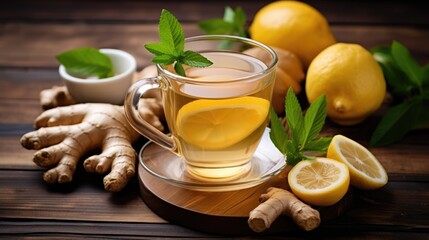 A cup of tea with lemon mint ginger.