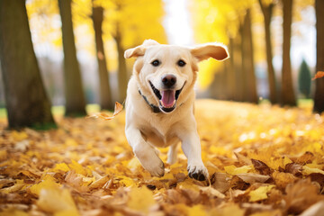 Happy pet dog puppy running in the leaves.