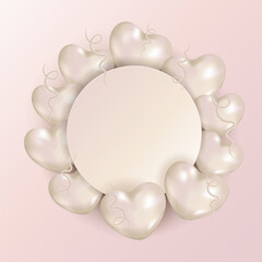 A festive banner, pink balloons in the shape of a heart.
A template for the text. Postcard, Poster, 3D illustration, vector