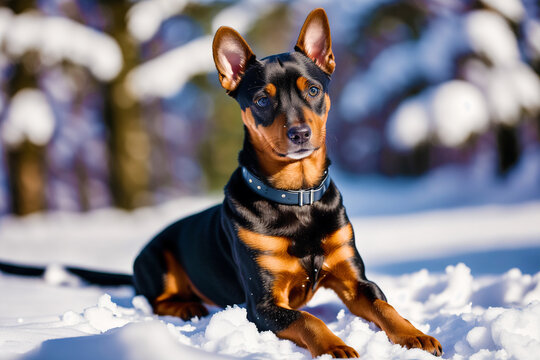 Miniature pinscher sitting on the ground in the park.  Generative AI