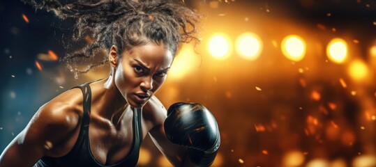 Girl in boxing gloves against the backdrop of rental lights, banner with space for your text
