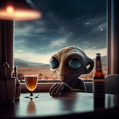 Gritty unhappy martian creature with big eyes drinking beer in pub
