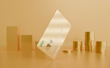 Gold credit card on a yellow background with a graph and a bunch of coins. Banking. 3D rendering.