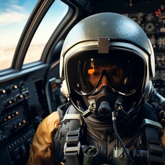 Pilot in flight. Pilot Wearing Mask And Helmet In Cockpit Of Fighter Jet. 3d illustration