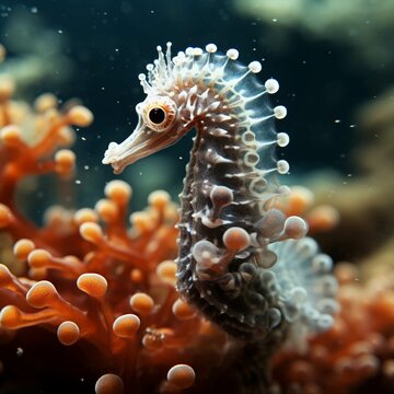 Seahorse - Hippocampus guttulatus. Wild animal. Beautiful Cute Sea horse. Underwater background