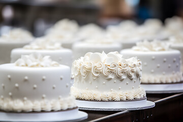 Selection of white wedding cakes at wedding fair or pastry shop