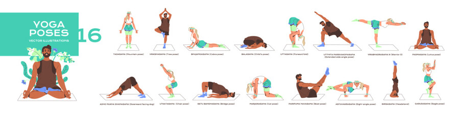 People in different yoga poses set. Man and woman stretch, training balance. Various asanas for meditation, sport exercises, spiritual practices. Flat isolated vector illustration on white background