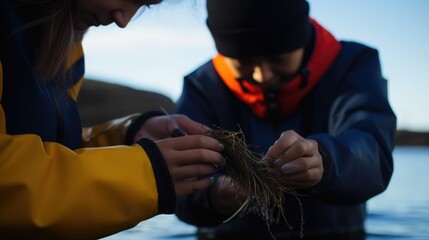 Young marine biologists tagging seaweed for growth tracking, scribbling notes on waterproof pads