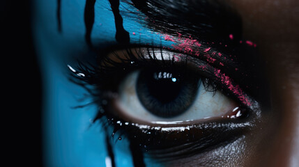 très gros plan sur un œil clair, peau noire éclaboussée de peinture de couleur bleu et rose