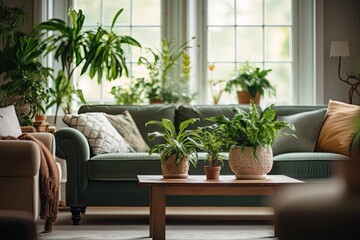 Fototapeta na wymiar Modern, elegant home interior adorned with green plants, wooden furniture, and vintage accents, creating a comfortable, stylish space.