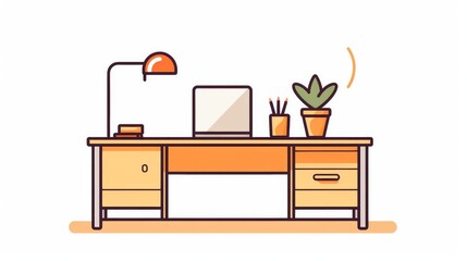 A cute desk，with a white background, minimalist vector illustrations, Morandi color scheme, two tone linear icon vector illustrations