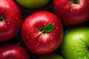 Top view of red fresh apple with water drops