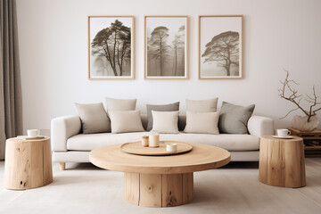 Scandinavian interior design for a modern living room. Round wooden coffee table near beige sofas against white wall with posters.