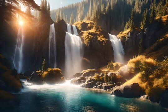 Photo majestic magical fantasy landscape with mountains river waterfall sun rays 3d