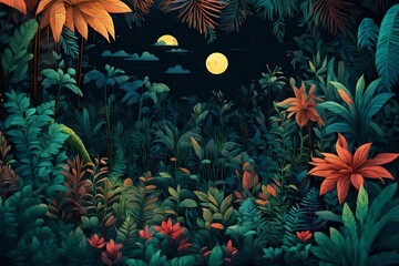 Fototapeta na wymiar Surreal night jungle with luminescent plants and flowers