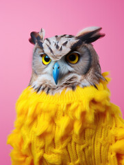 Owl in Vibrant Yellow Knit Sweater