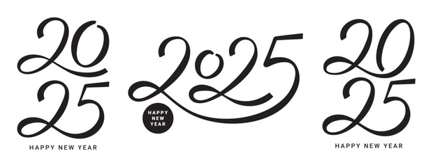 Set of Happy New Year 2025 lettering logos. Vector illustration with black numbers 2025 isolated on white background. New Year holiday logos template. Collection of 2025 happy new year symbols. - obrazy, fototapety, plakaty