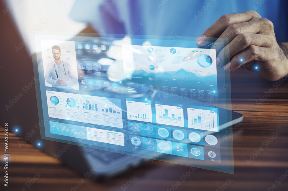 Poster doctor using technology document management on computer system management for cardiologist specialis