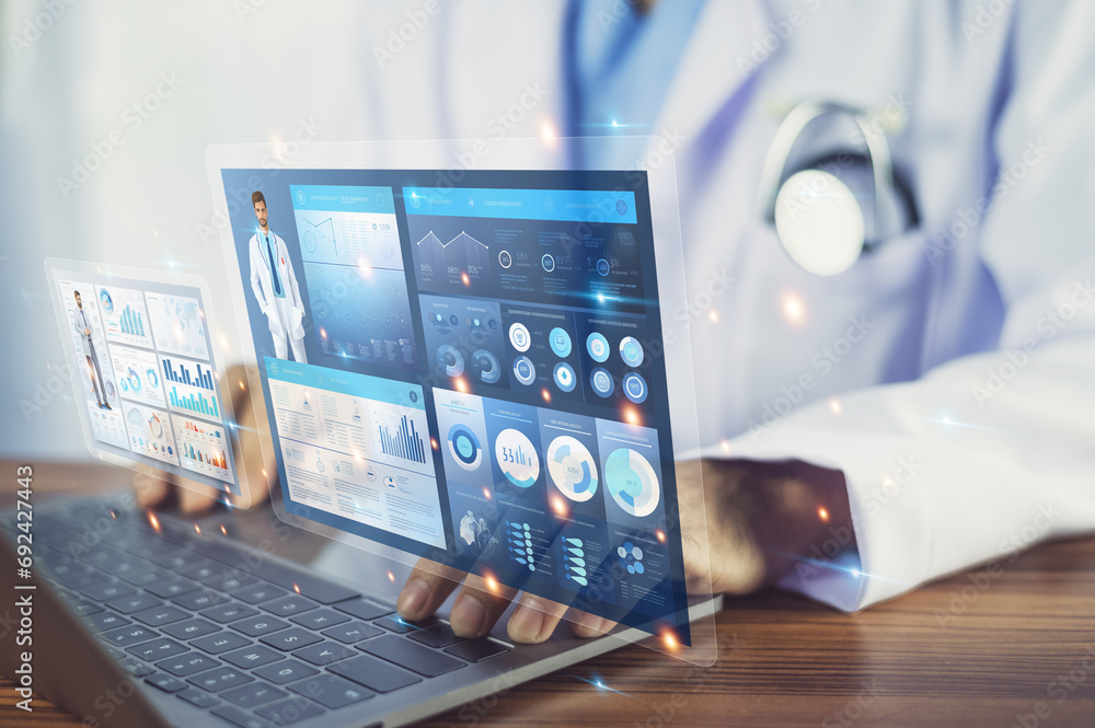 Poster doctor using technology document management on computer system management for cardiologist specialis