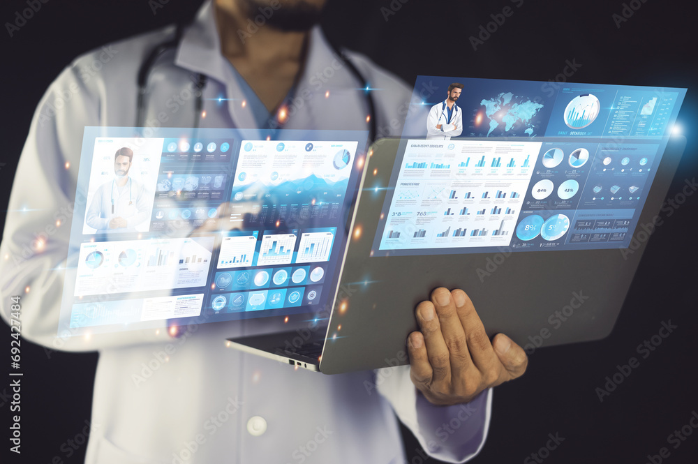 Poster doctor using technology document management on computer system management for cardiologist specialis