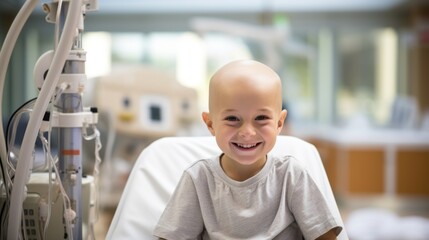 A portrait of a bald young patient boy smiling in a cancer hospital bed in a medical care hospice bald after course chemotherapy. Children with cancer concept