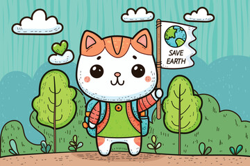Ecological poster with a cartoon-style kitten