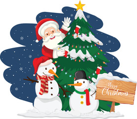 Santa Claus With Christmas Tree Snowman Night