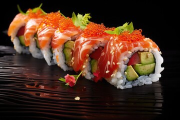 Sushi rolls with salmon on a dark background.