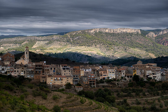 Panoramic of the village of Masroig among vineyards during spring in the Priorat designation of origin region in Catalonia in Spain
