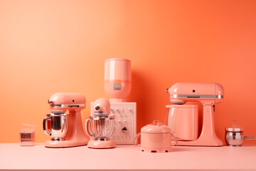kitchen electrical household appliances in the color peach fuzzy, light, sun, copy space
