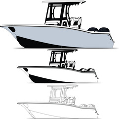 High-quality line drawing vector fishing boat. Black, white, and color illustration.