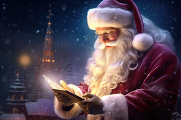 Happy Santa Claus reading message or letters at notebook while standing outside at snowy xmas eve