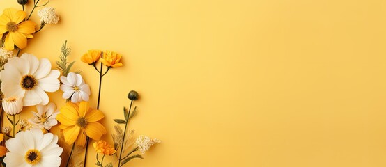 White and yellow spring flowers on yellow background. - obrazy, fototapety, plakaty
