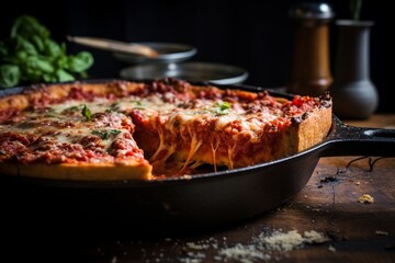 Chicago-Style Deep Dish Pizza: Thick Crust with Cheese and Chunky Tomato Sauce