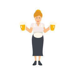 Woman with beer mugs. Waitress fulfills the order, vector illustration
